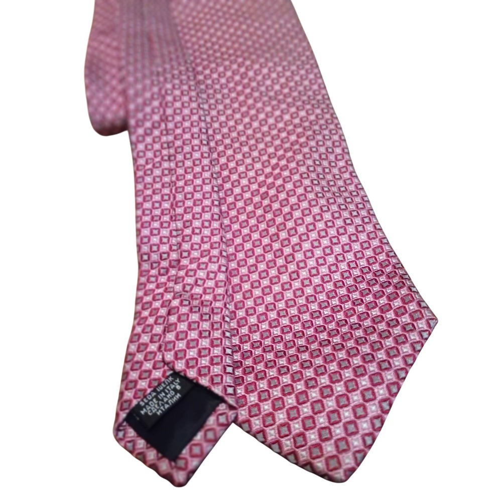 Hugo Boss Mens Pink Geometric Silk Tie Made in Italy Square Pattern Woven Silk
